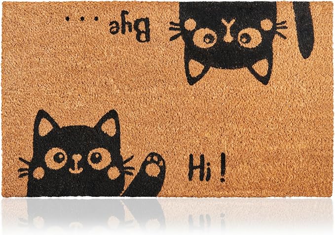 Coir Welcome Mat, Hi-Bye Cat, 24 x 36 in | 100% Natural Coir, Anti-Shedding by AmaruDoorMats