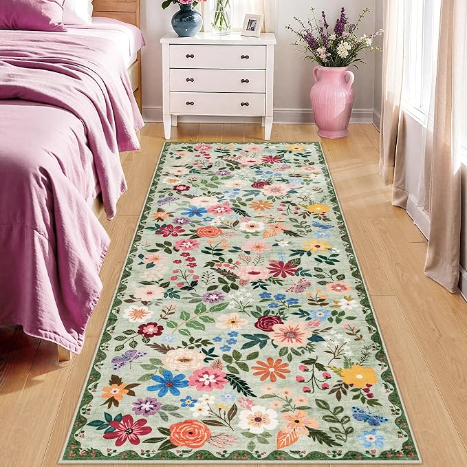 PLHXFR 2x5 Washable Runner Rug：Floral Indoor Kitchen Soft Carpet Green | - Image 2