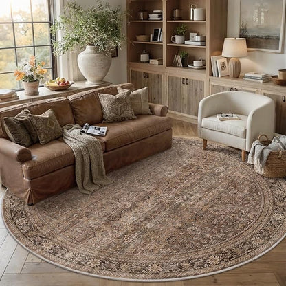Schweek 8ft Round Rug Vintage Brown Neutral Washable Non-Slip Circle Rugs | by Schweek