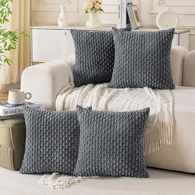 Set of 4 Medium Grey Decorative Throw Pillow Covers 16x16 Inch Corduroy Pillow by Cozoomy