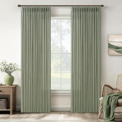 108 Inch Pinch Pleated Light Filtering Linen Memory Trained Green Curtains | by Twodrapes