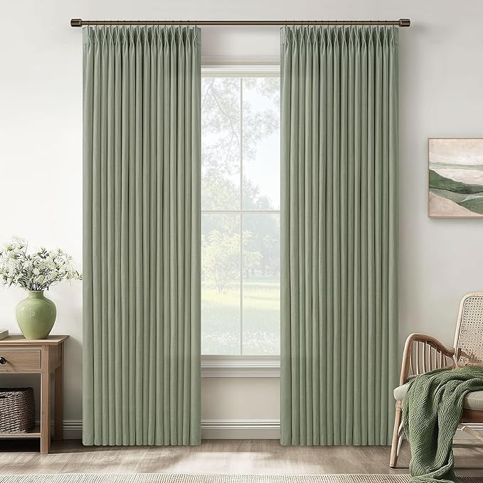 96 Inch Sage Green Linen Pinch Pleated Light Filtering Curtains 2 Panels | by Twodrapes