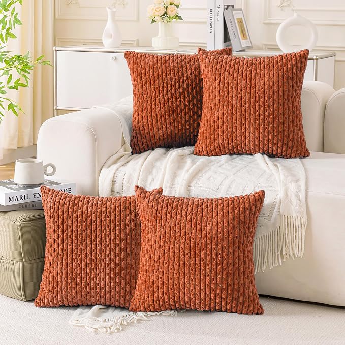 Set of 4 Burnt Orange Decorative Throw Pillow Covers 18x18 Inch Corduroy Pillow by Cozoomy