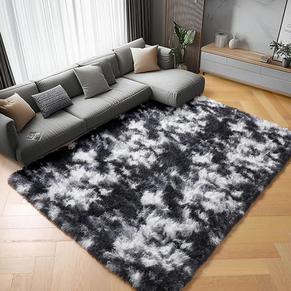 Black and White Area Rugs for Living Room, 5x8 Fluffy Bedroom Rug, Soft Plush by ONASAR