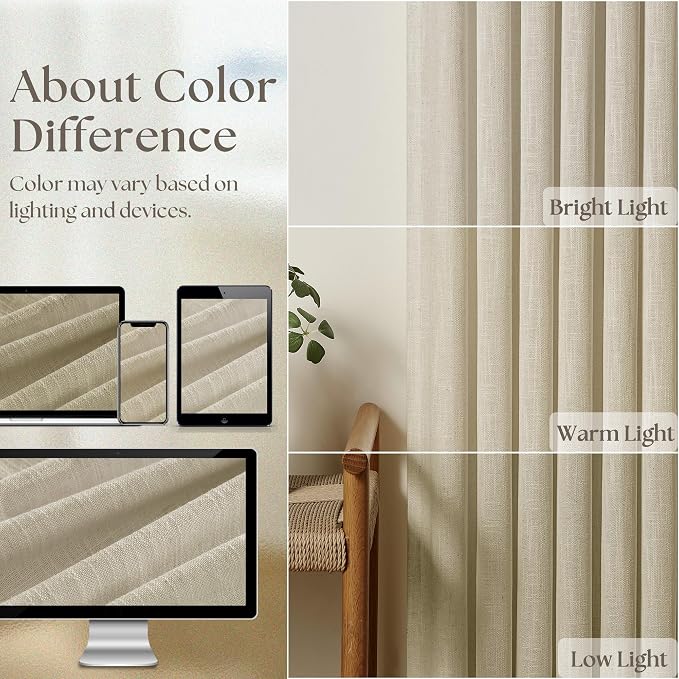 Beige Pinch Pleated Semi Sheer Linen 63 Inch Curtains 2 Panels | - Image 5