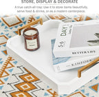 Decorative Acacia Wood Ottoman Tray - Coffee Table Tray - Breakfast, Party, Drinks, Snack, Liquor Serving Platter - Farmhouse to Modern - Brass Handles (Moonlight White)