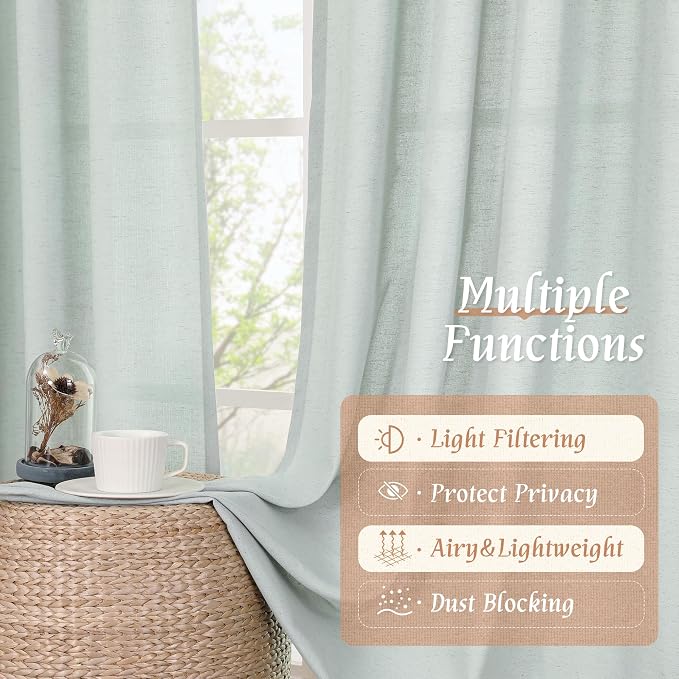Linen Sheer Curtains 84 inch for Living Room, Light Blue, 2 Panels | Light - Image 9