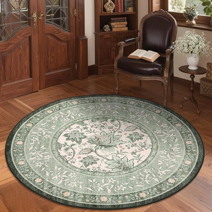 GarveeHome Sage Green Botanical Grove 6ft Round Rug, Small Circle Vintage - Image 3