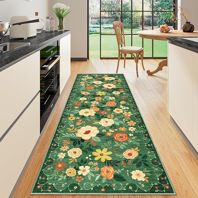 DUKINO 2x6 Runner Rug for Hallway Washable Kitchen Rugs Non Slip Dark Green | by DUKINO