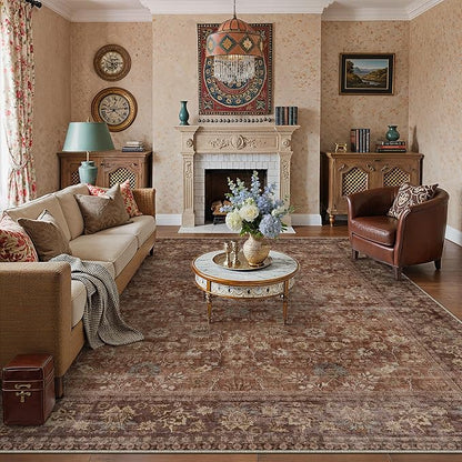 10x14 Brick Red Vintage Floral Washable Area Rug - Image 3