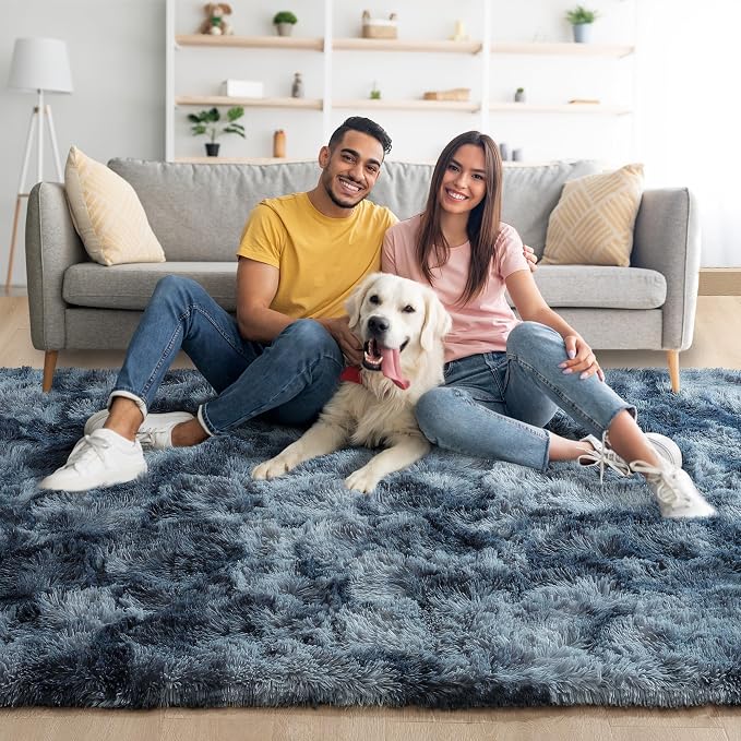 5x7 Tie-Dyed Blue and Grey Fluffy Soft Area Rug Non-Slip - Image 2