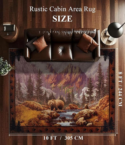 Rustic Cabin Area Rug for Bedroom 8x10, Machine Washable Woodland Bear Rug - Image 2