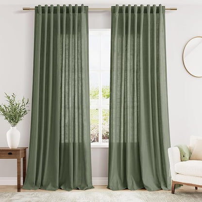 Olive Green Linen Blend Semi Sheer Curtains 102 Inches Long x 60 Inches Wide by Nanspring
