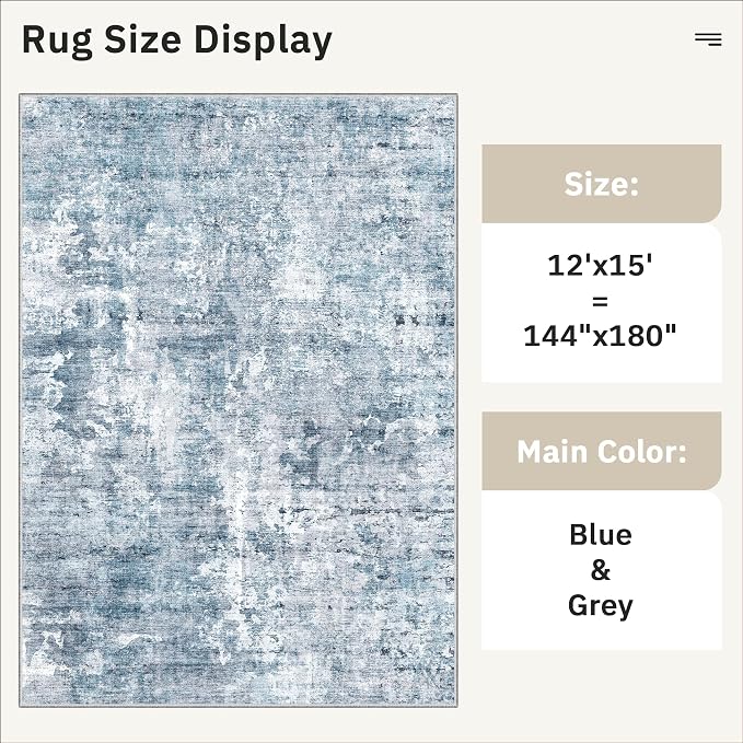 Soalmost 12x15 Washable Area Rugs Soft Living Room Rug Abstract Blue/Grey | - Image 5