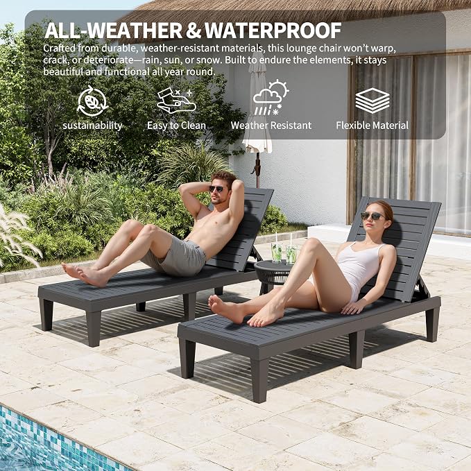 Outdoor Chaise Lounge Chairs Set of 2, 5-Position Adjustable Tanning Lounge - Image 3