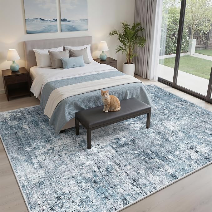 Soalmost Abstract 7x9 Area Rug for Living Room Washable Rugs Blue/Grey | - Image 3
