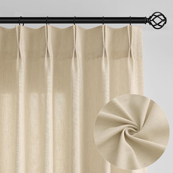 Pinch Pleat 72 x 96 Inch Linen Curtains Extra Wide Beige Semi Sheer | Neutral - Image 9