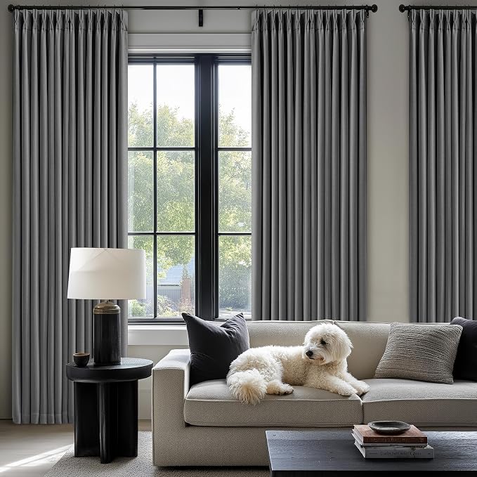 Charcoal Grey Pleated Thick Linen Blackout Curtains 120 Inches Long - Image 9