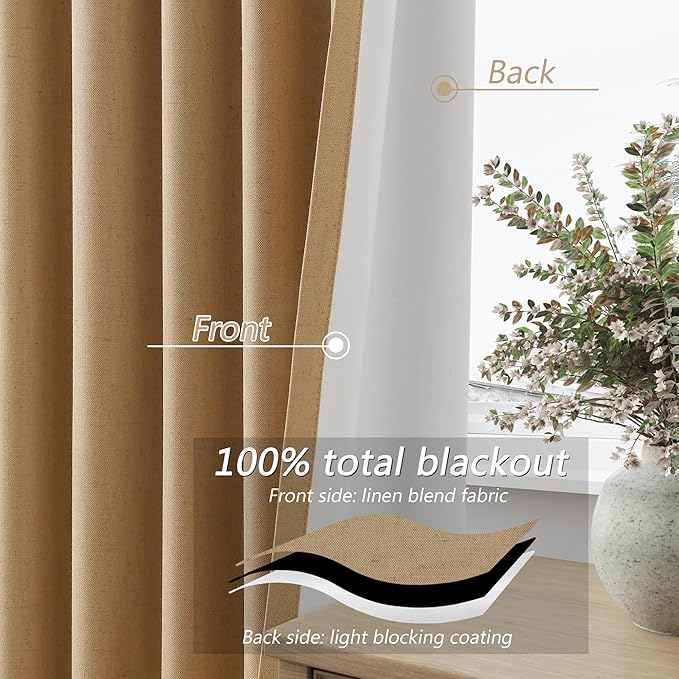 100% Blackout Linen Curtains 96 Inch Length 2 Panels Set - Image 4