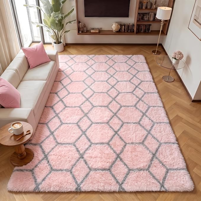 7x9 Area Rugs for Living Room Bedroom, Fluffy Pink and Grey Geometric Rug | by ONASAR