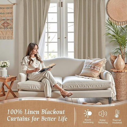 80 Inch 100% Blackout Natural Linen Curtains 2 Panels, 52 x 80 Inch | Privacy - Image 2