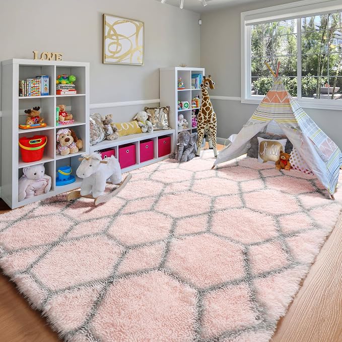 Area Rugs for Girl Bedroom Living Room, 4x6 Fluffy Pink and Grey Modern Rug | - Image 9