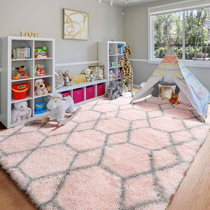 7x9 Area Rugs for Living Room Bedroom, Fluffy Pink and Grey Geometric Rug | - Image 9