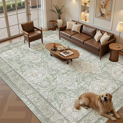 Soalmost 9x12 Area Rugs for Living Room Washable Rug Non-Slip Green/Brown | - Image 2