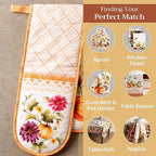 Maison d' Hermine Double Oven Mitts 100% Cotton 7"x35" Double Oven Mitt Heat Resistant BBQ Cooking Gloves with Loop, Baking, Grilling, Home, Kitchen, Handling Hot Pans (Pumpkin Garden - Cloudy Cream)