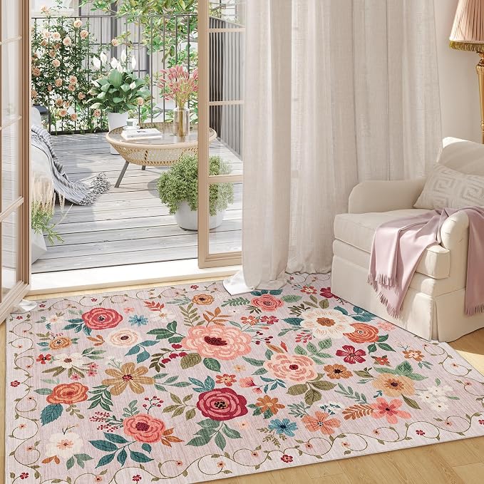DUKINO 4x6 Area Rug, Floral Washable Rug Non Slip Office Chair Mat, Stain - Image 4