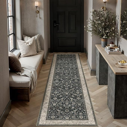 2x6 Black Beige Vintage Floral Washable Runner Rug by HUGEAR