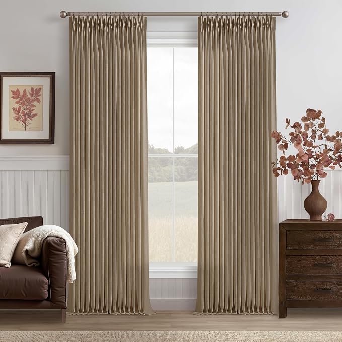96 Inches Pleated Linen Tan Latte Memory Train Semi Sheer Curtains 2 Panels | by Twodrapes