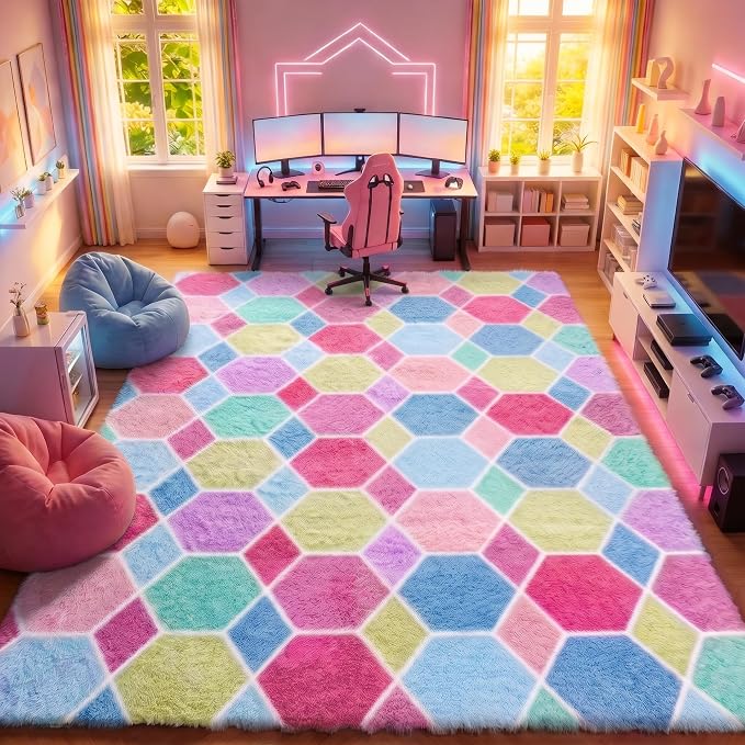 Checkered Pink Rainbow Area Rugs, Fluffy 5x8 Geometric Rug - Image 3