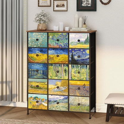 EXOTICA Large Chest of Drawers 15 Drawer Dresser Van Gogh Tall Fabric Dresser - Image 4