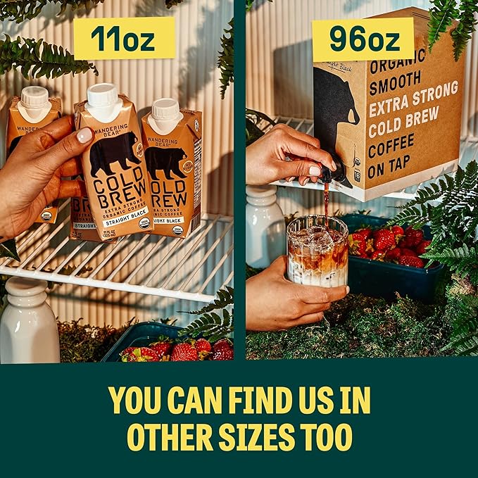 Wandering Bear Straight Black Organic Cold Brew Coffee, 32 fl oz, 3 pack - Extra Strong, Smooth, Organic, Unsweetened, Shelf-Stable, Ready to Drink Iced Coffee