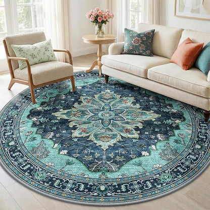 RELEANY Washable Area Rug, Round 6ft, Teal | Non-Slip, Water Repellent by RELEANY