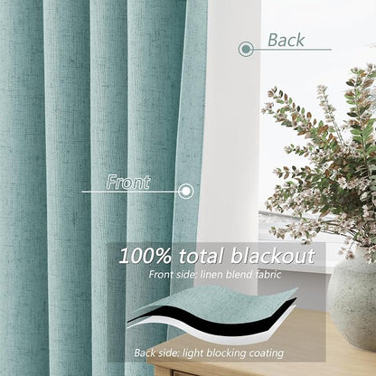 Light Blue 100% Blackout Linen Curtains 96 Inch Length 2 Panels Set - Image 4