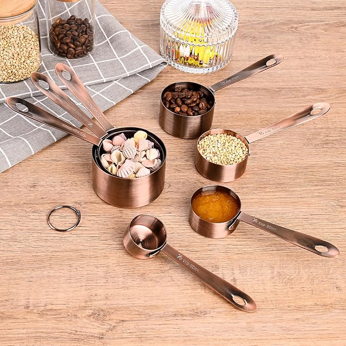 Measuring Cups Set, Copper Measuring Cups Set 7, Metric & US Stainless Steel Measuring Cups for Kitchen & Baking, Metal Measuring Cups Set with 2/3 & 3/4 Measure Cups