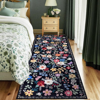 PLHXFR 2.6x8 Washable Runner Rug：Floral Indoor Kitchen Soft Carpet Black | - Image 2