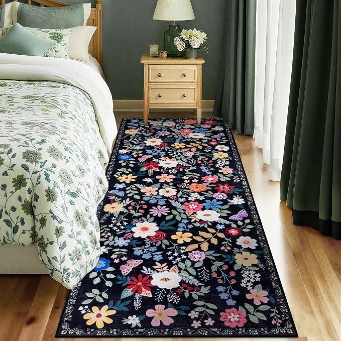 PLHXFR 2x6 Washable Runner Rug：Floral Indoor Kitchen Soft Carpet Black | - Image 2