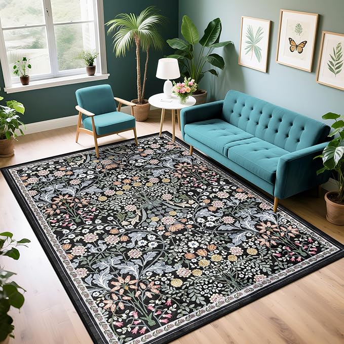 PLHXFR Area Rug Living Room: 4x6 Floral Washable Boho Carpet Dark Black | by PLHXFRSoftAreaRugs