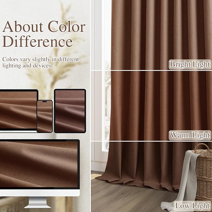 Rustic Brown 100% Blackout Linen Curtains 84 Inch Length 2 Panels Set - Image 7