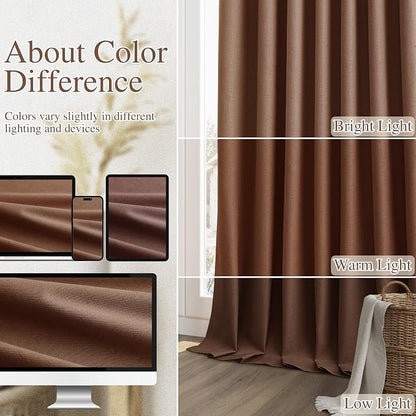 Rustic Brown 100% Blackout Linen Curtains 84 Inch Length 2 Panels Set - Image 7