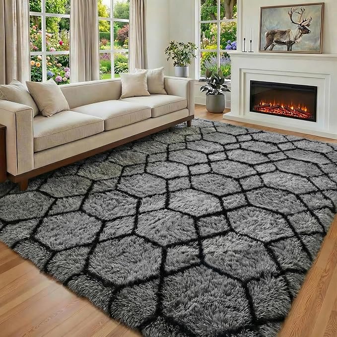 8x10 Area Rugs for Living Room, Fluffy Grey and Black Bedroom Geometric Rug | - Image 5