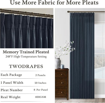 Navy Blue Pinch Pleated Linen Semi Sheer Curtains 63 Inches Long | Navy Linen - Image 4