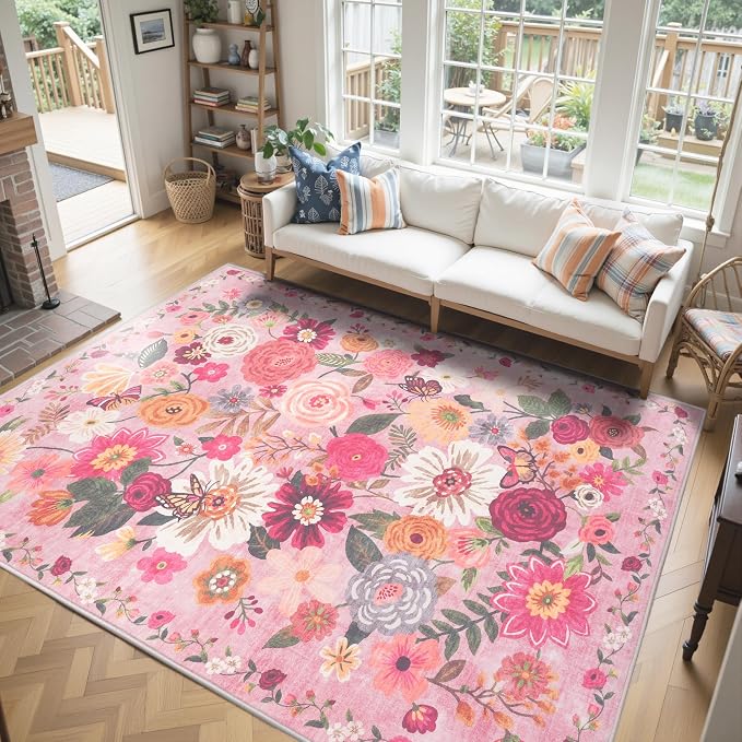 Pink Floral Large Washable Area Rug 8x10 by WelcometoBabovid