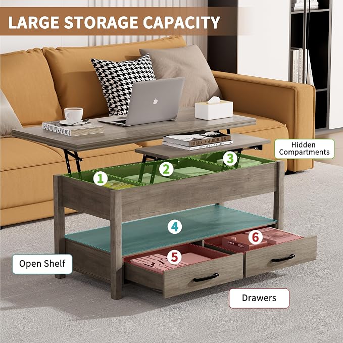 SYESWAY 42'' Lift Top Coffee Table, 4-in-1 Multifunctional Lift Coffee Table - Image 4