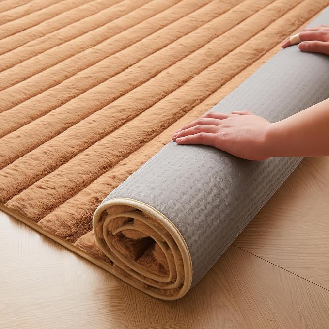 Coffee Rabbit Striped Plush Rug 3'x5', Fluffy Faux Fur Shaggy Area Rug - Image 5