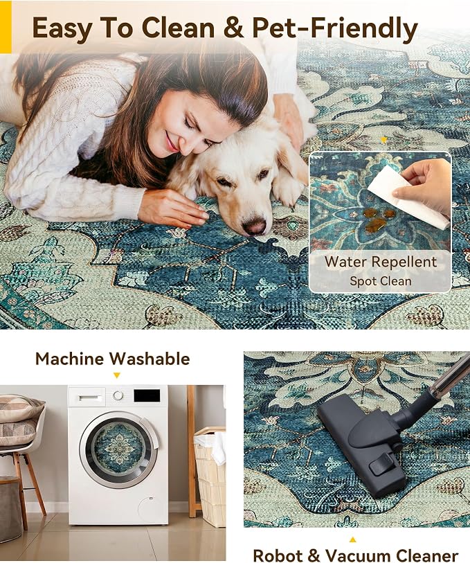 RELEANY Washable Area Rug, Round 5ft, Water Repellent, Pet Friendly, Vintage - Image 5