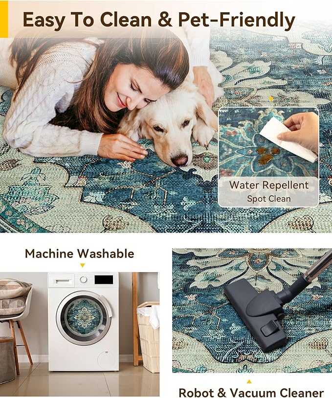 RELEANY Washable Area Rug, Round 6ft, Water Repellent, Pet Friendly, Vintage - Image 5
